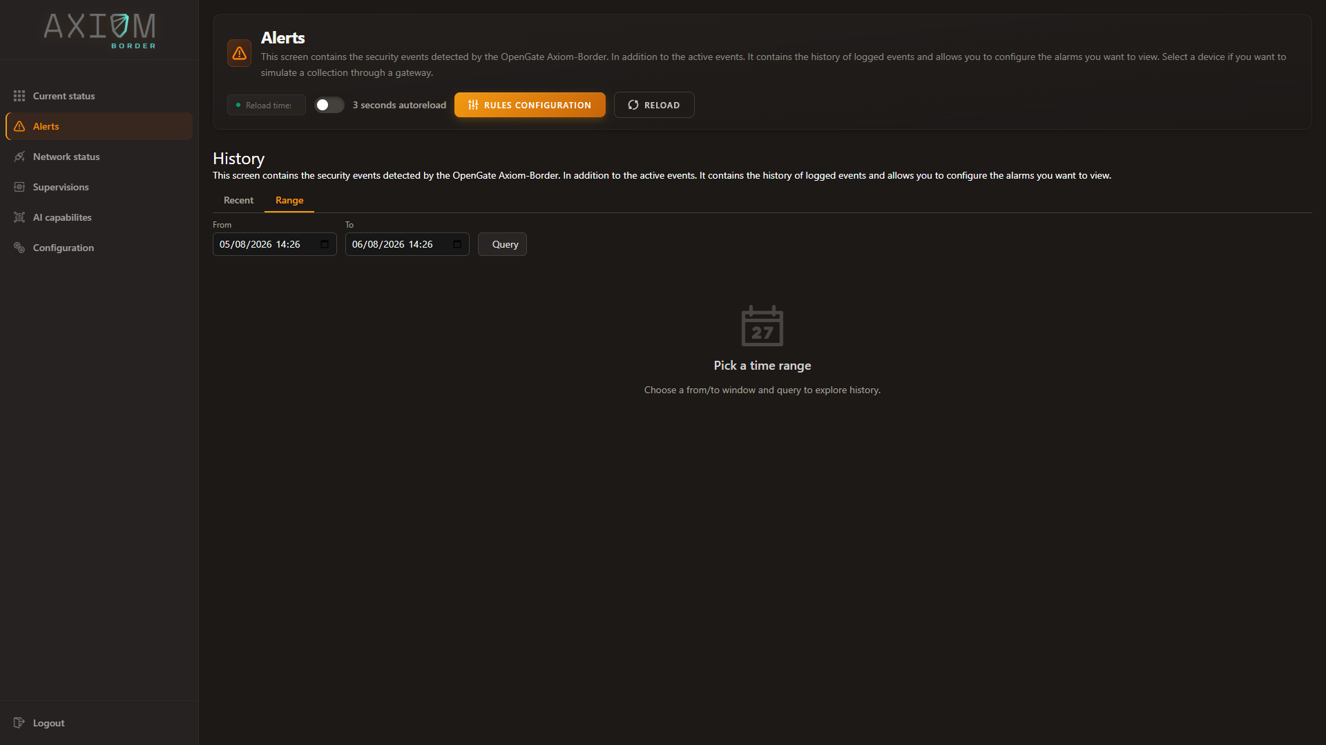 The Range tab, querying alarm history over a time window