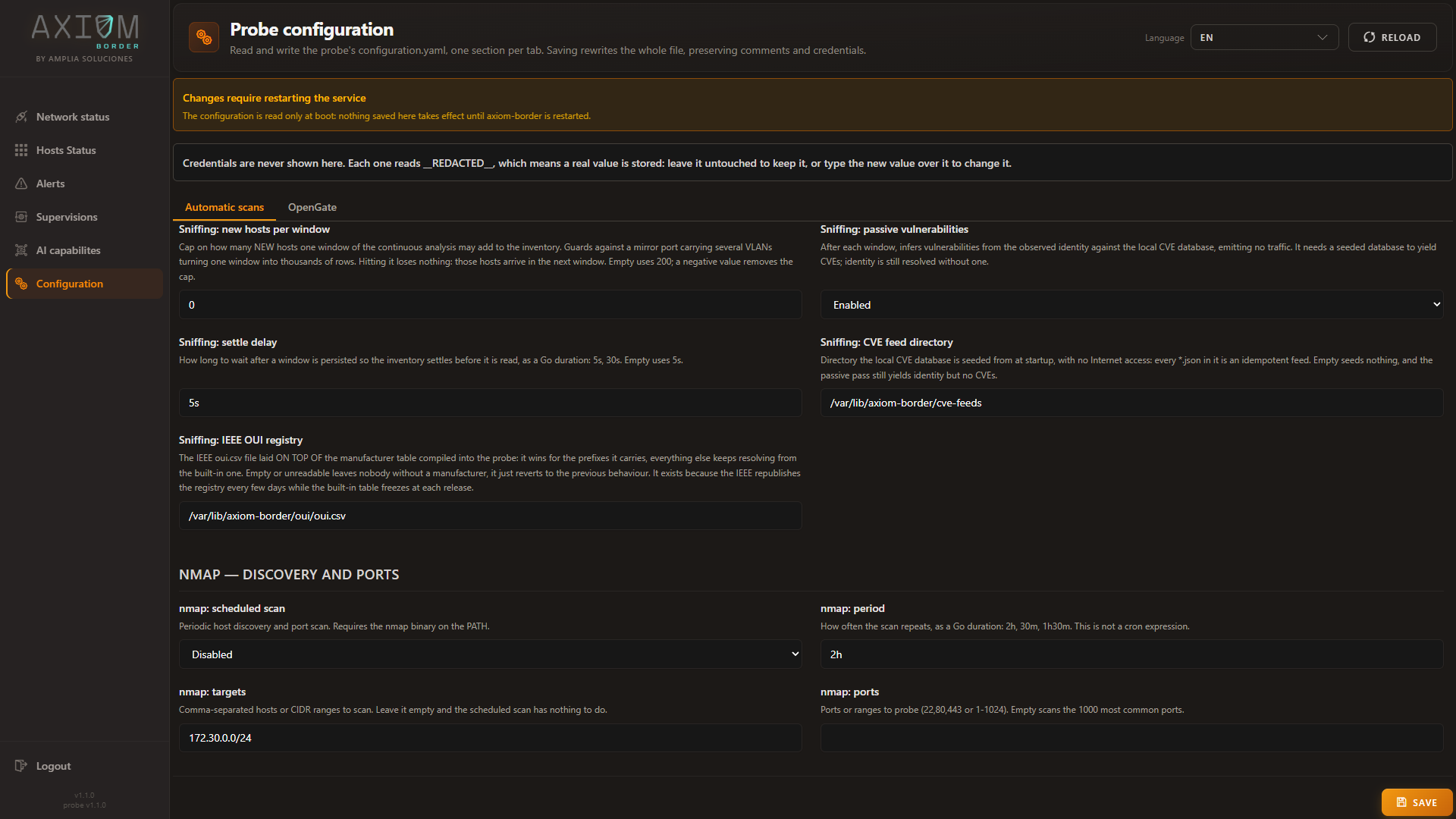 Configuration — the CVE feed directory and the IEEE OUI registry, with passive vulnerability inference enabled