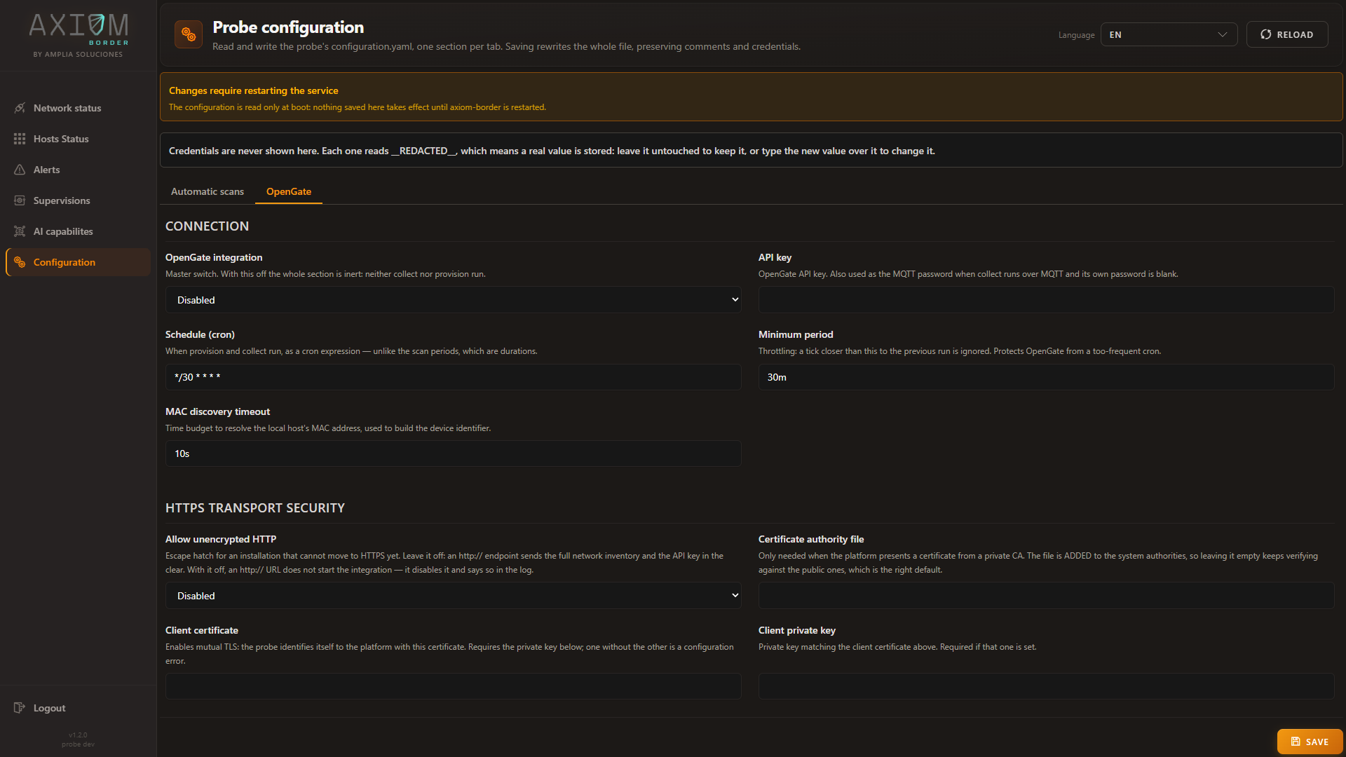Configuration — the OpenGate tab, with the master switch off and the transport security block below it