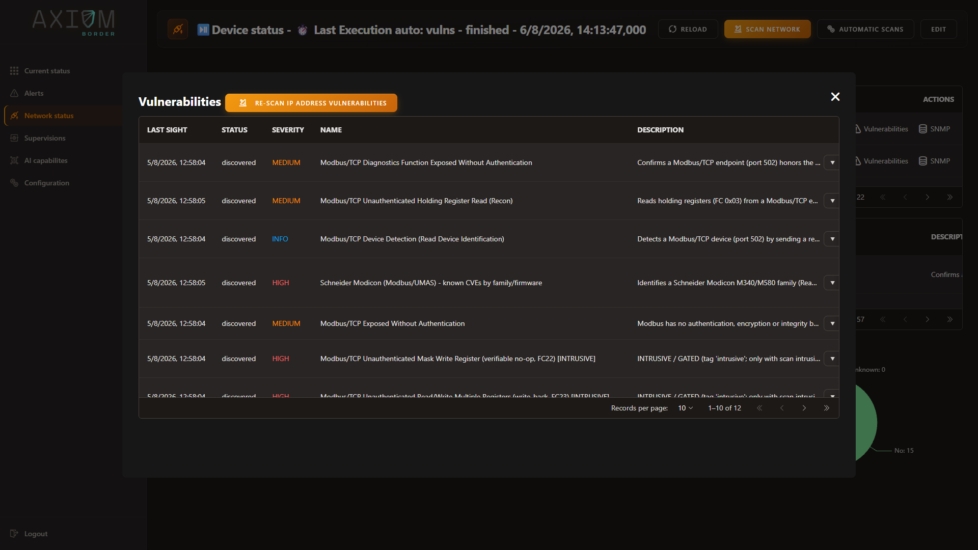 The Vulnerabilities panel, listing the checks that fired against one host