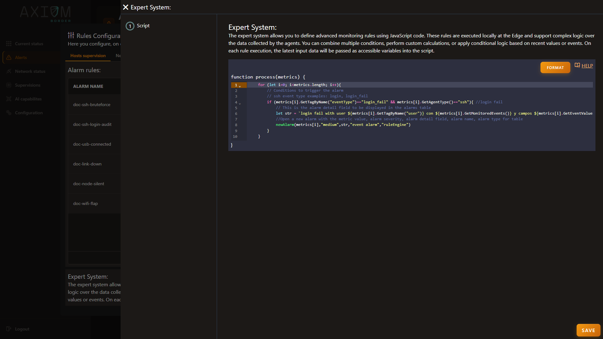The Expert System script editor, showing the process(metrics) skeleton