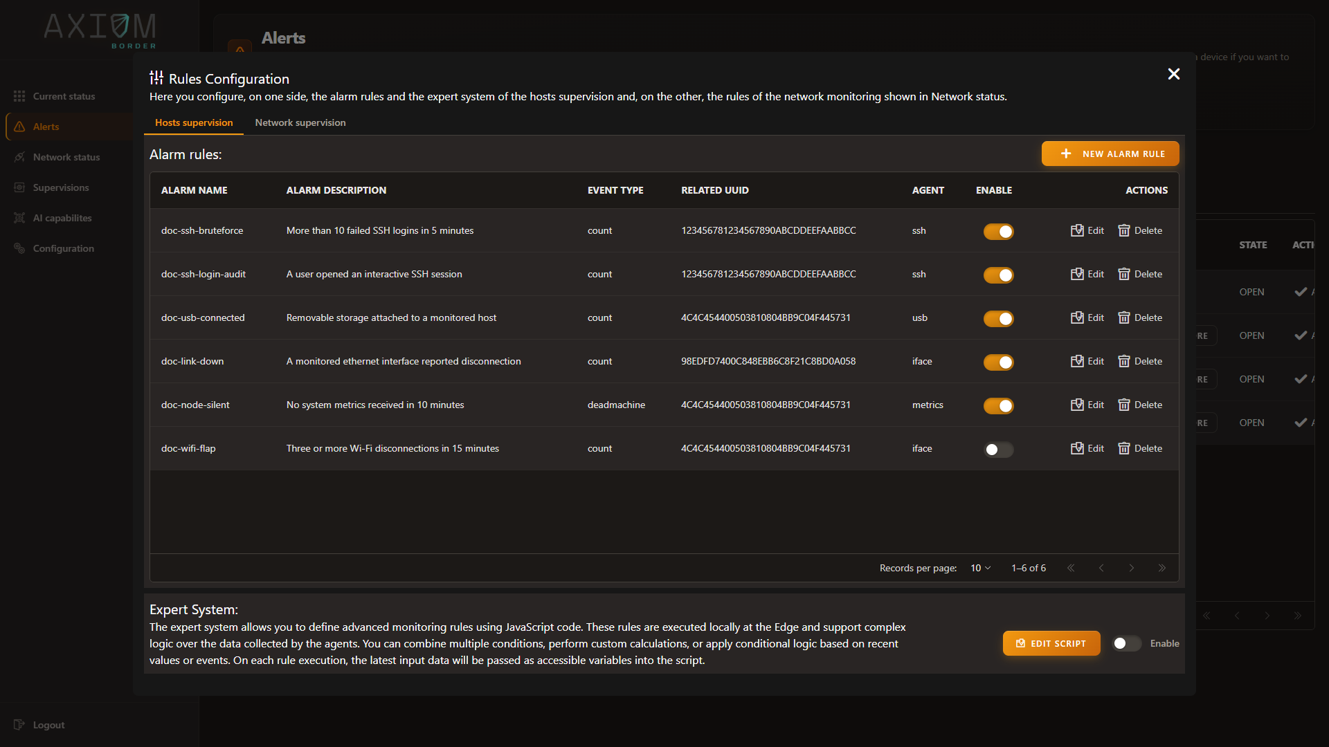 The Alarm config screen, listing alarm rules and the Expert System section