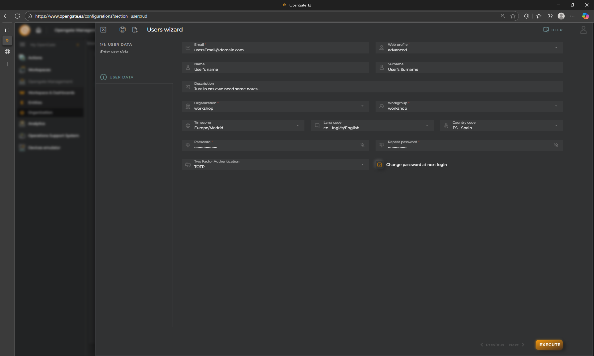 OpenGate user creation wizard